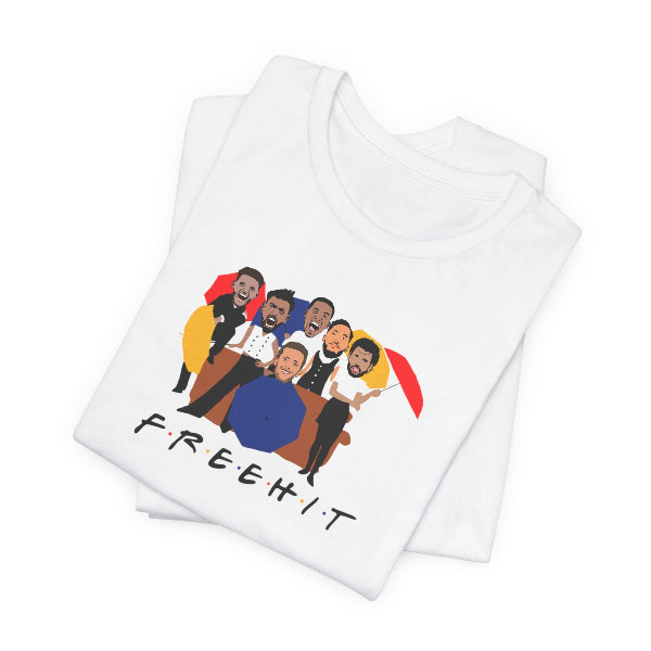 White tank top with graphic design and text on a white background