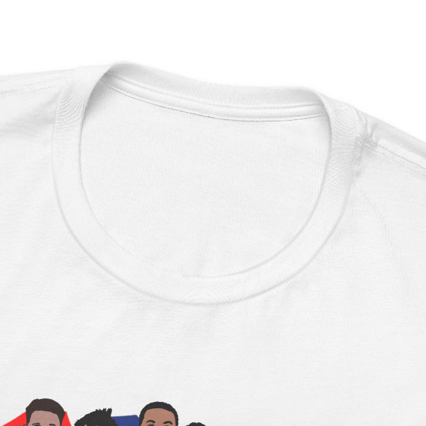 Close-up of a white t-shirt with a graphic design on a white background