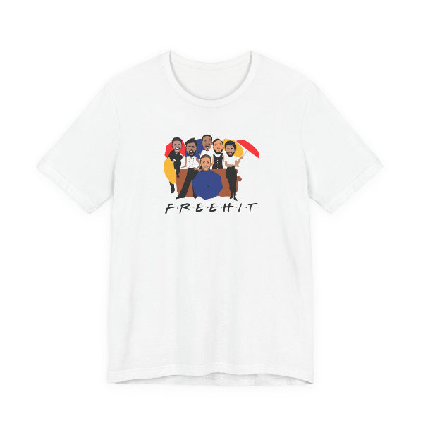 White t-shirt with a graphic of people and the word 'FREEHIT' on a white background