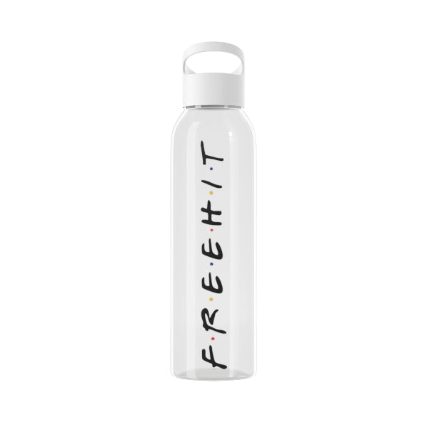 White water bottle with 'F.R.E.E.H.I.T.' text on a white background