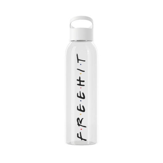 White water bottle with 'F.R.E.E.H.I.T.' text on a white background