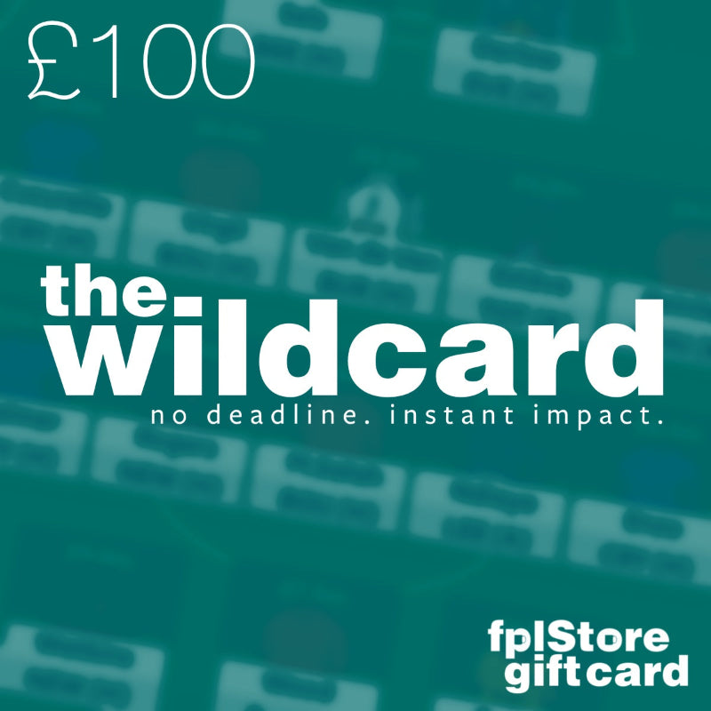 FPL Store gift card with £100 value and 'the wildcard' branding on a teal background.