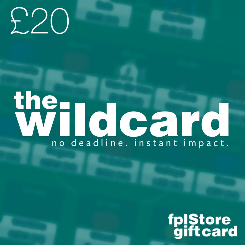 FPL Store gift card with £20 value and 'the wildcard' branding on a teal background.