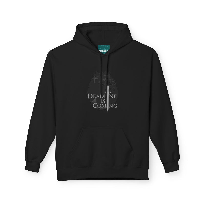Black hoodie with 'Deadline is Coming' text and sword graphic on a white background
