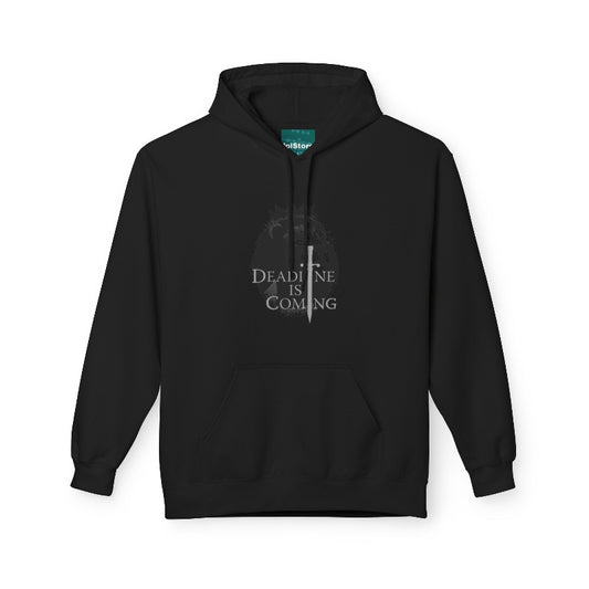 Black hoodie with 'Deadline is Coming' text and sword graphic on a white background