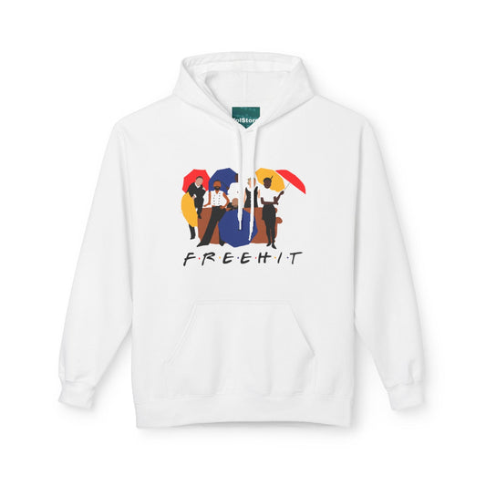 White hoodie with colorful graphic and 'FREEHIT' text on a white background