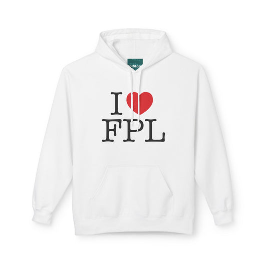 White hoodie with 'I ❤️ FPL' text on a white background