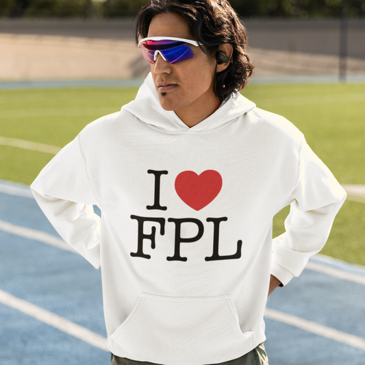 Man wearing white I love FPL hoodie