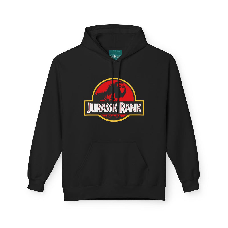 Black hoodie with 'Jurassic Rank' logo on a white background