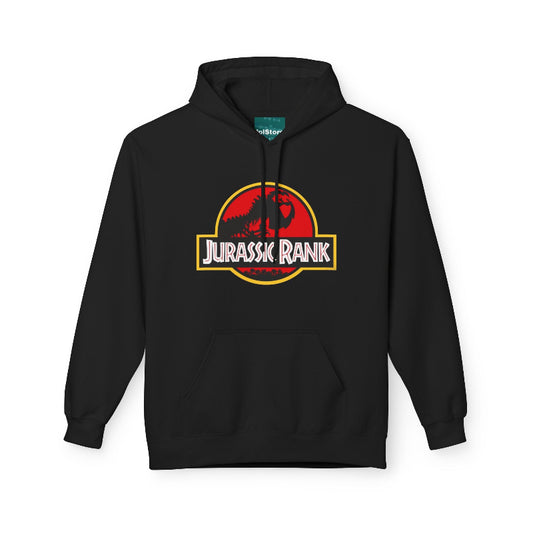 Black hoodie with 'Jurassic Rank' logo on a white background