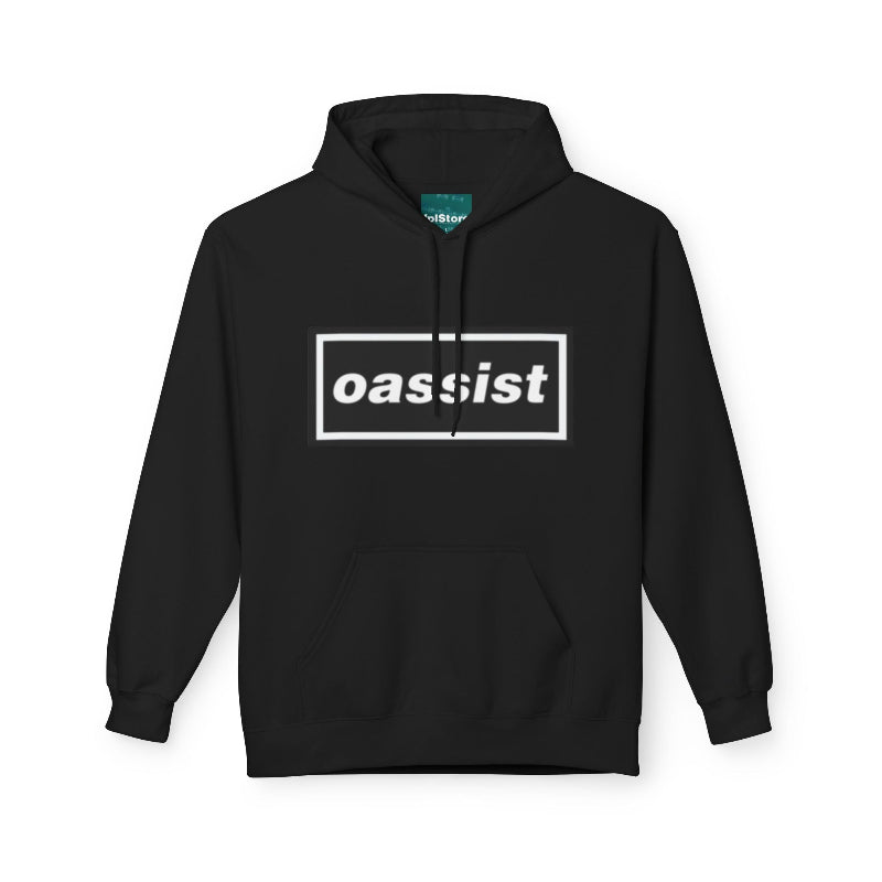 Black hoodie with 'oassist' logo on a white background