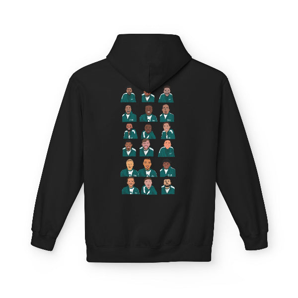 Black hoodie with a pattern of small images on the back against a white background