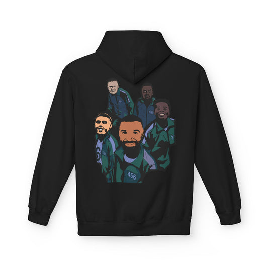 Black hoodie with graphic of five players in green jackets on the back, on a white background