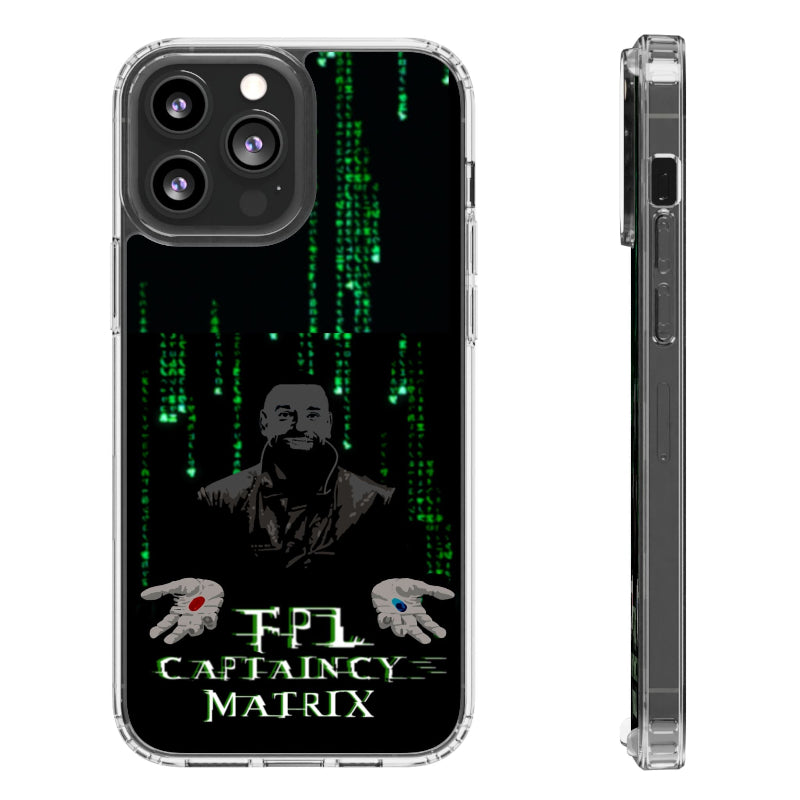 Phone case with Matrix-themed design featuring a character and text 'FPL Captainy Matrix'.