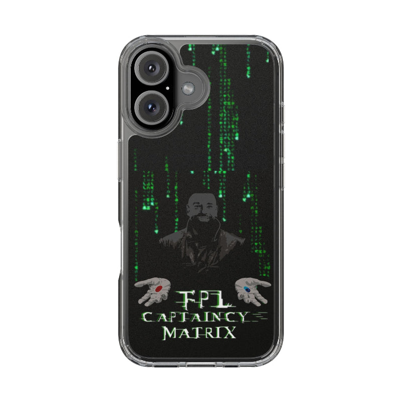 Phone case with Matrix-themed design featuring a character and text on a black background with green digital code.