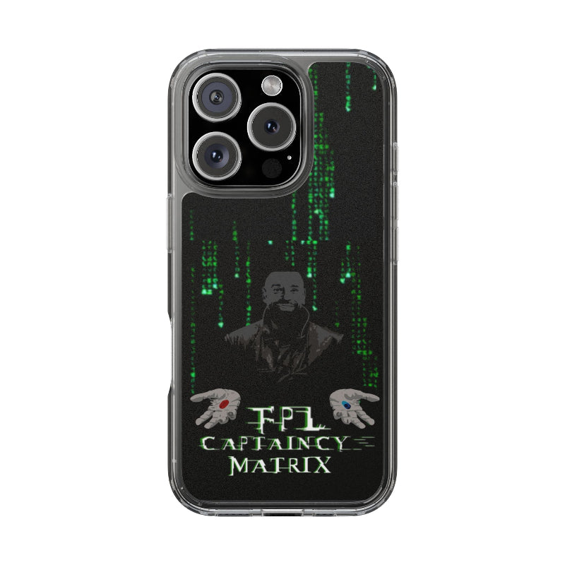 Phone case with Matrix-themed design featuring a character and text on a black background.