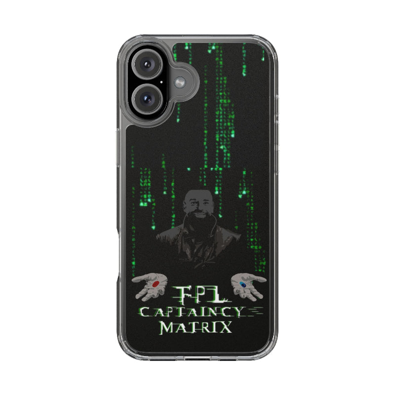 Phone case with Matrix-themed design featuring green code and character silhouette.