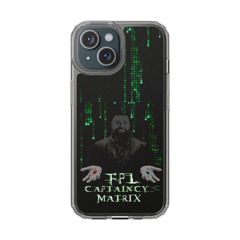 Phone case with Matrix-themed design featuring a character and text on a dark background.