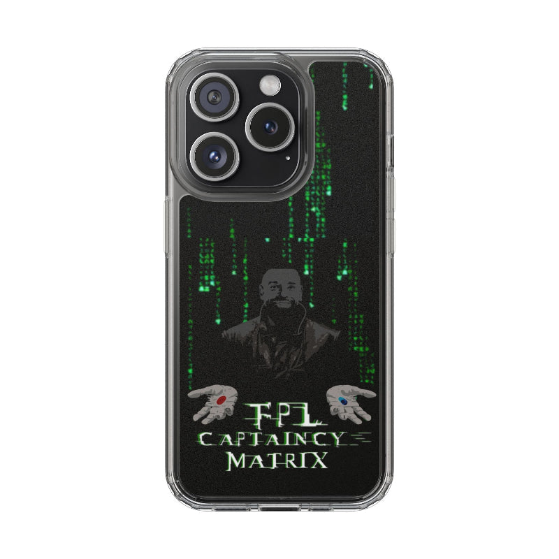 Phone case with Matrix-themed design featuring a character and text on a black background.