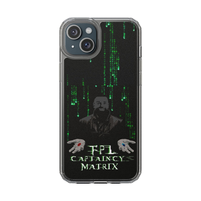 Phone case with Matrix-themed design featuring a character and text on a dark background
