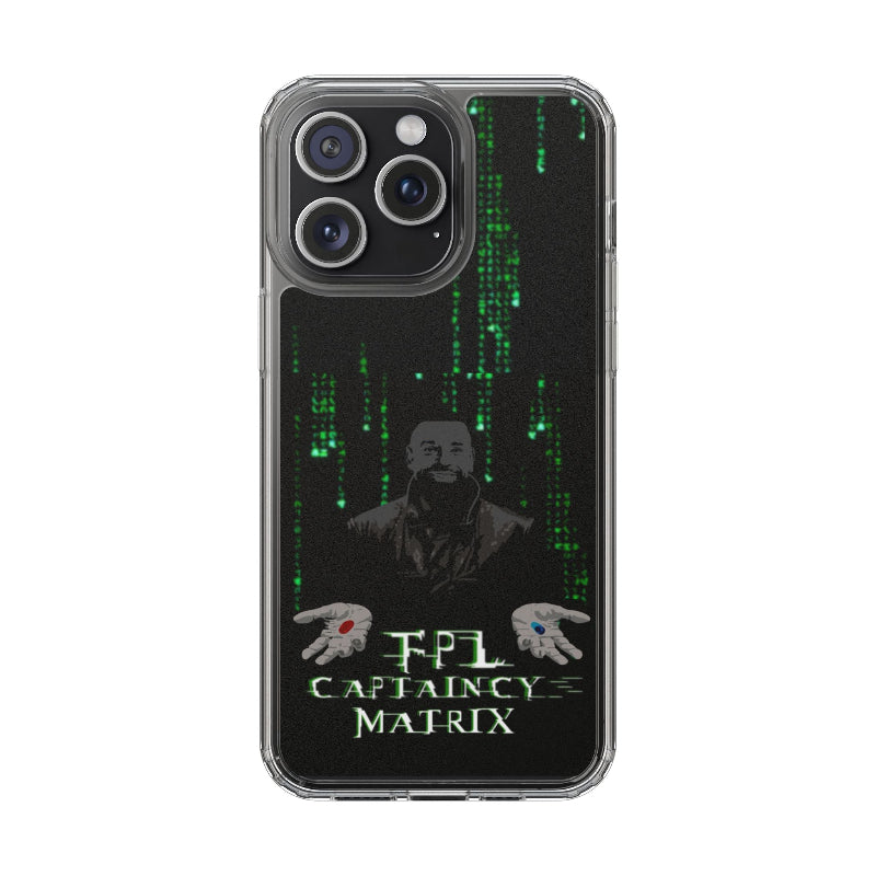 Phone case with Matrix-themed design featuring a character and text on a black background.
