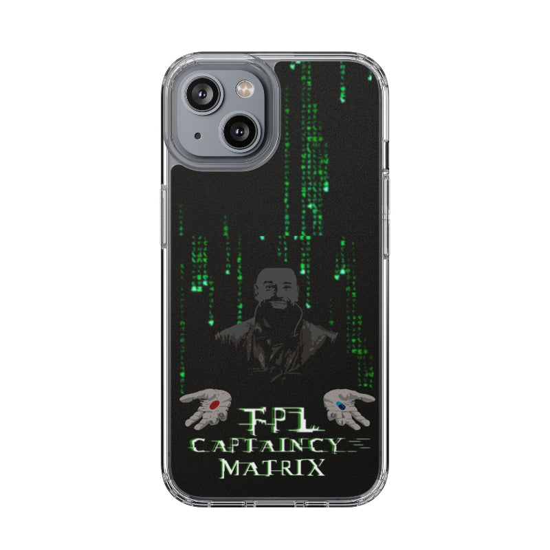 Phone case with Matrix-themed design featuring a character and text on a black background.