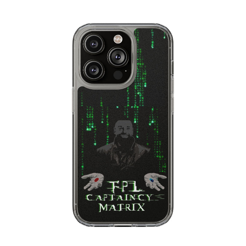 Phone case with Matrix-themed design featuring a character and text on a black background.