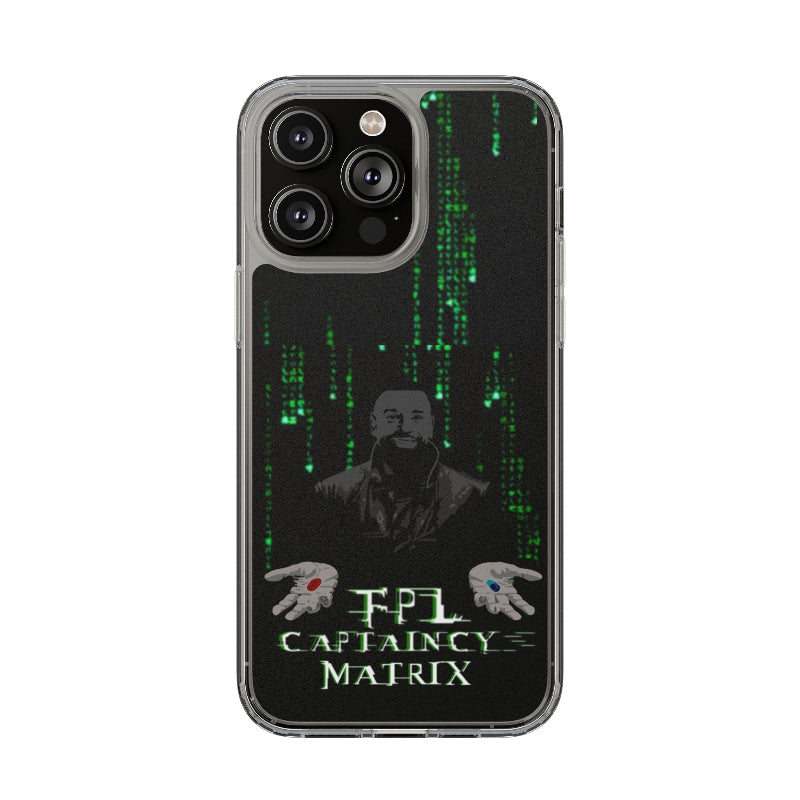 Phone case with a design inspired by the Matrix, featuring a silhouette of a person and text.