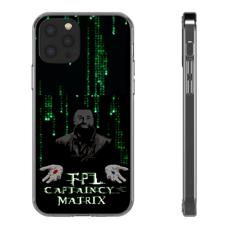 Phone case with Matrix-themed design featuring a character and text.