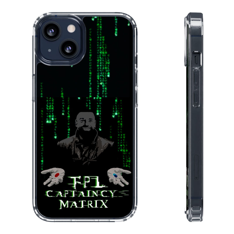 Phone case with Matrix-themed design featuring a person and text on a black background