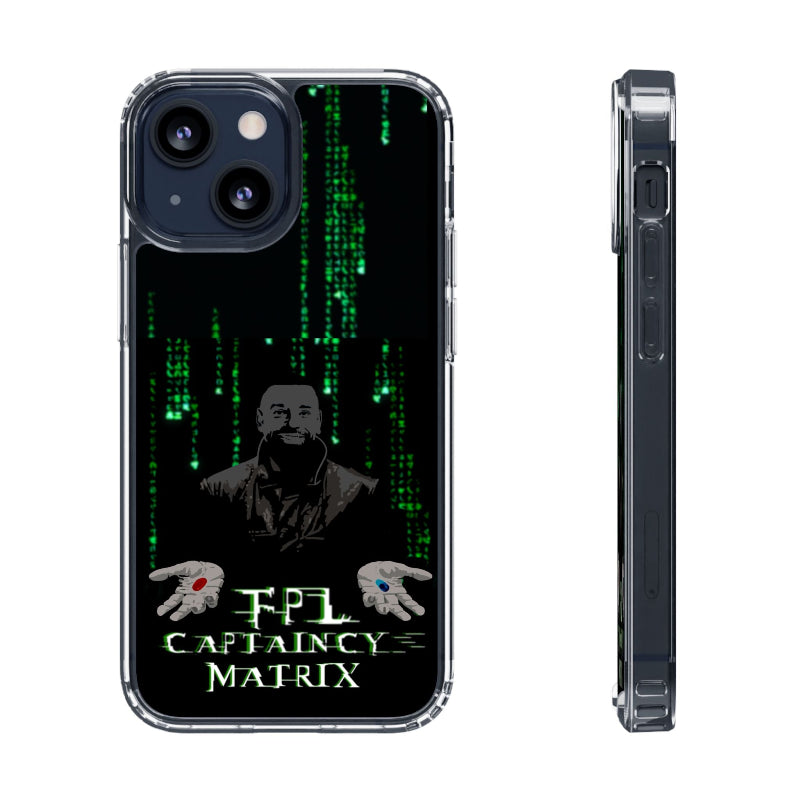 Phone case with Matrix-themed design featuring a character and text on a black background.