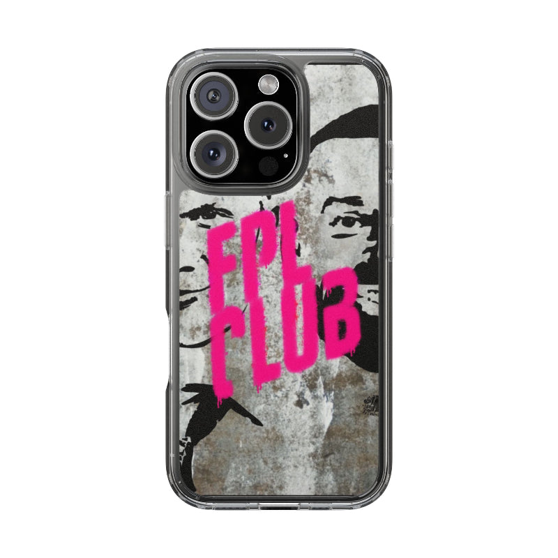 Phone case with pink text and black and white design on a white background