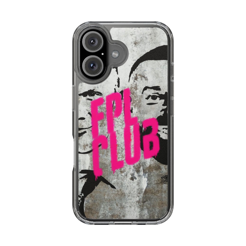 Phone case with pink text and black and white design on a gray background
