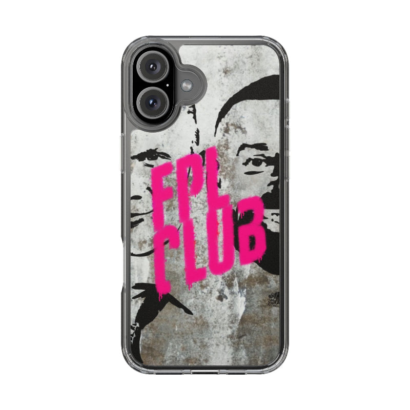Phone case with pink text and black silhouette design on a white background