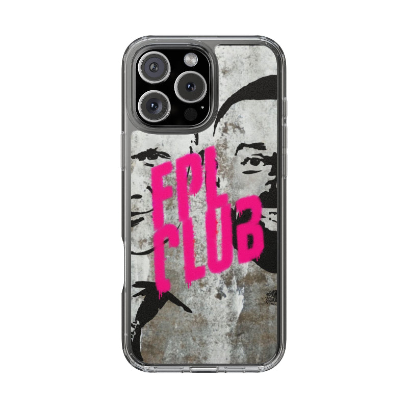Phone case with pink text and black silhouettes on a textured background