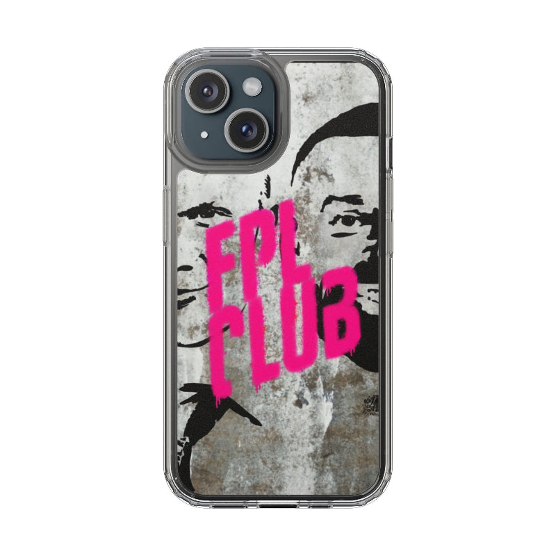 Phone case with pink text and black and white design on a textured background