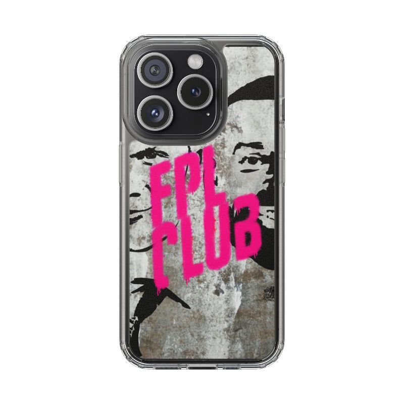 Phone case with pink text and black and white design on a white background