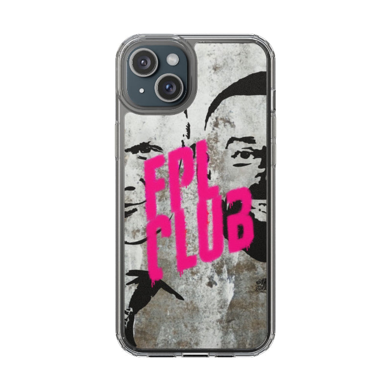 Phone case with pink text and black silhouette design on a white background