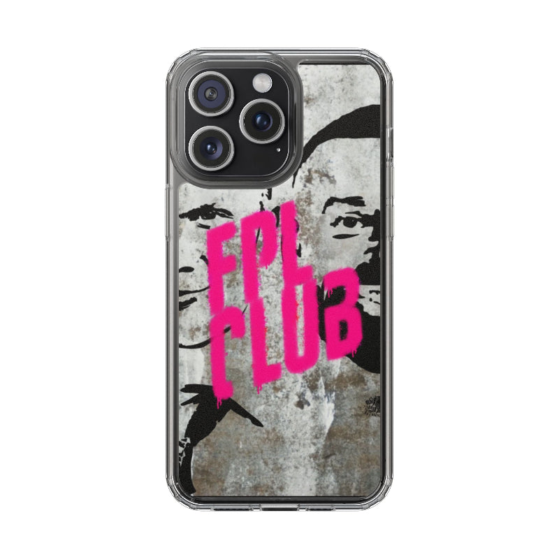 Phone case with pink text and black and white design on a white background
