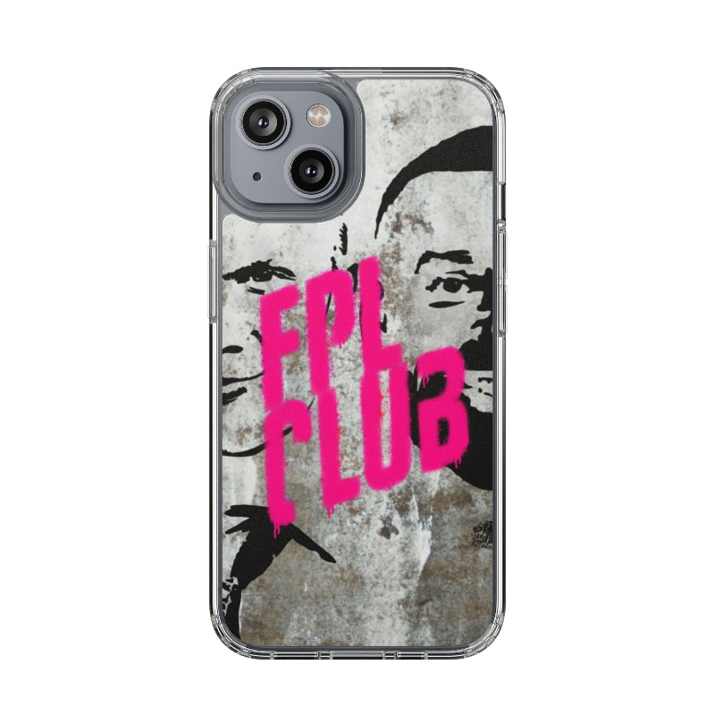 Phone case with a stylized face and 'FBB' text on a textured background