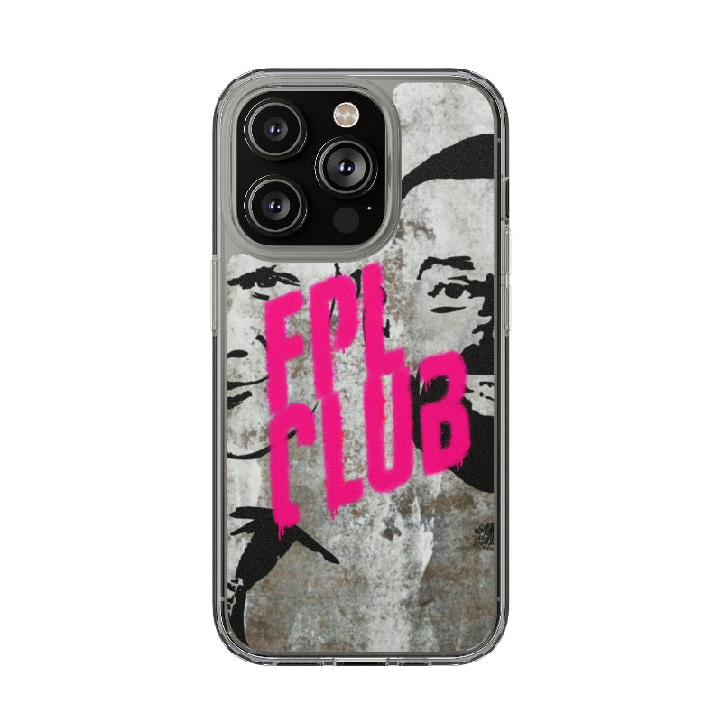Phone case with pink text and black silhouettes on a gray background
