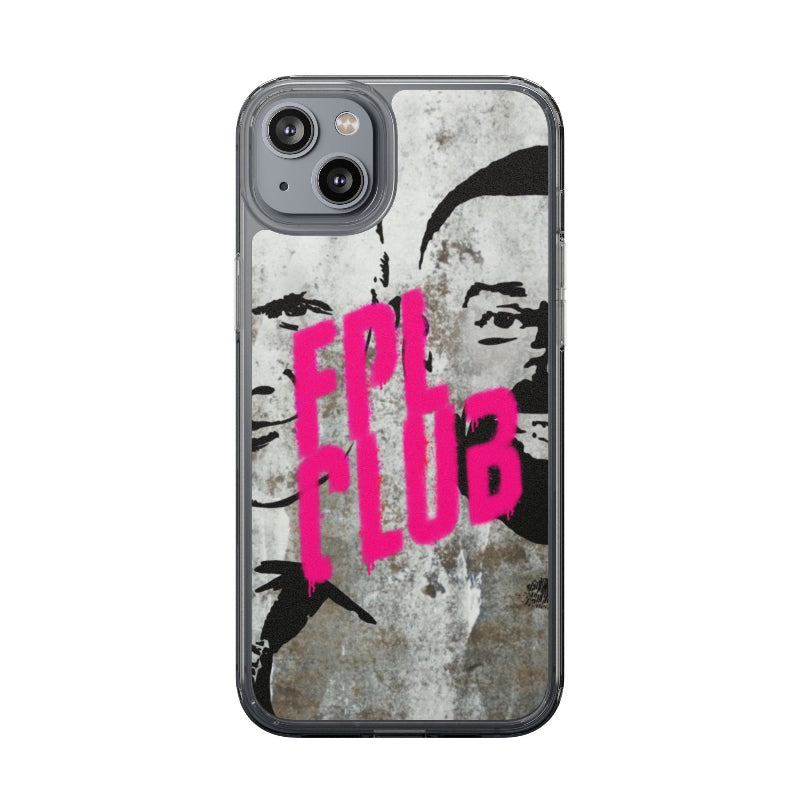 Phone case with a stylized face design and 'FBB' text on a textured background