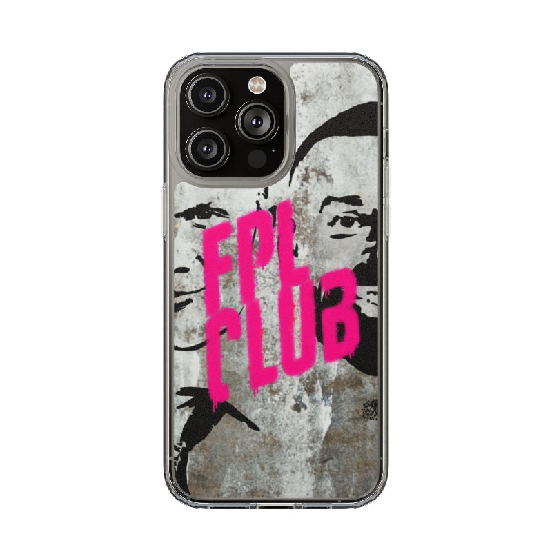 Phone case with pink text and artistic design on a white background