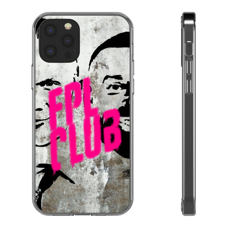 Phone case with a stylized face and 'FBLB' text on a textured background
