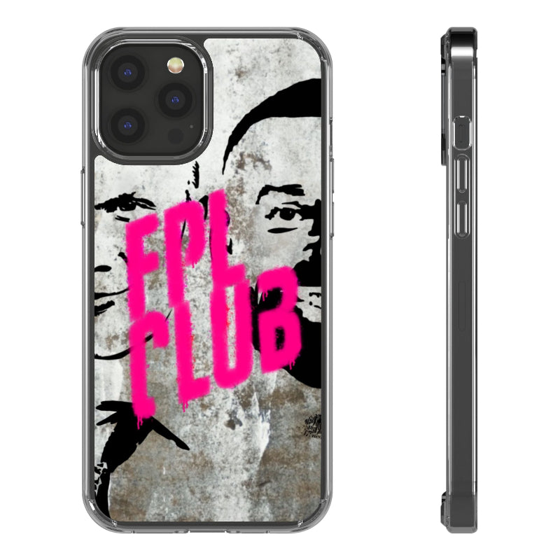 Phone case with graffiti-style design and 'FPL CLUB' text on a textured background