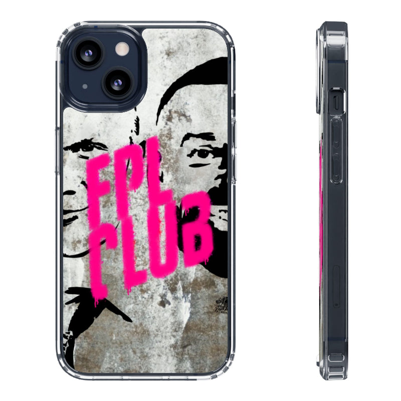 Phone case with a stylized face and 'FBLB' text on a textured background
