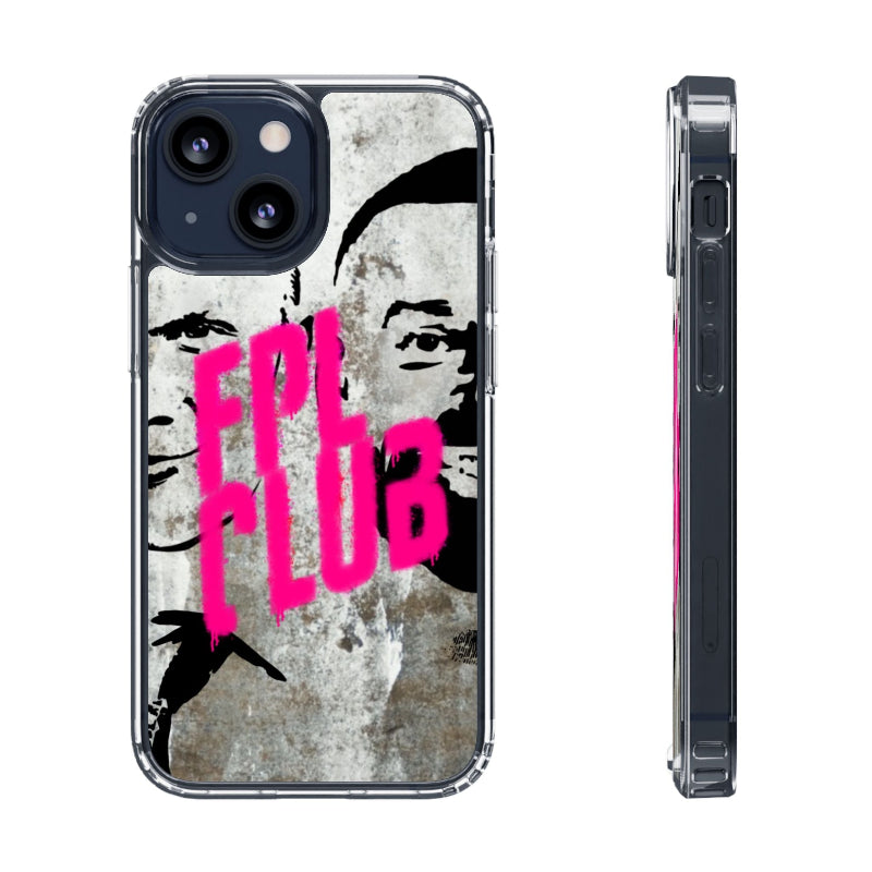 Phone case with graphic design and 'FPLB' text on a textured background