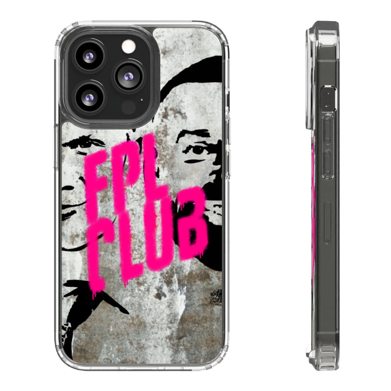 Phone case with pink text and black silhouette design on a textured background