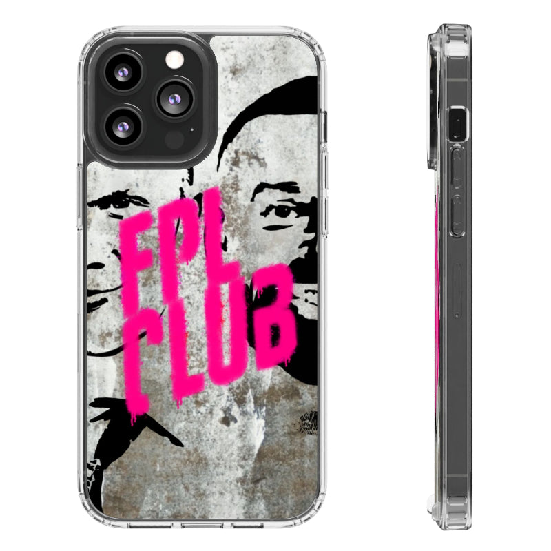 Phone case with a stylized face and 'FPLUB' text on a textured background