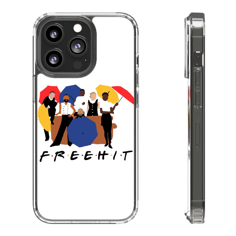 Phone case with a colorful design of people and text 'FREEHIT' on a white background